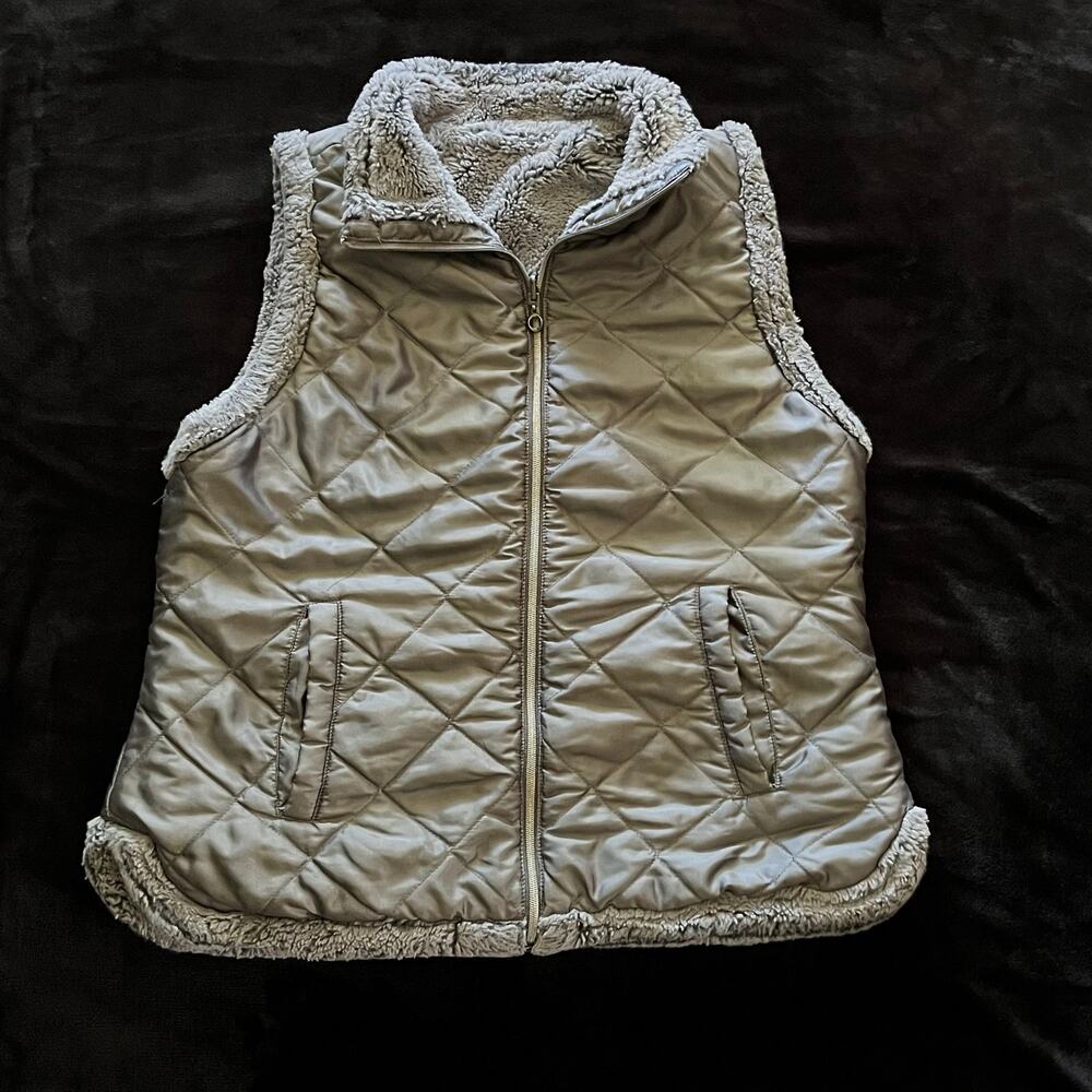 Casual Identity Reversible Vest Women's Large Gray Quilted Sherpa Fleece